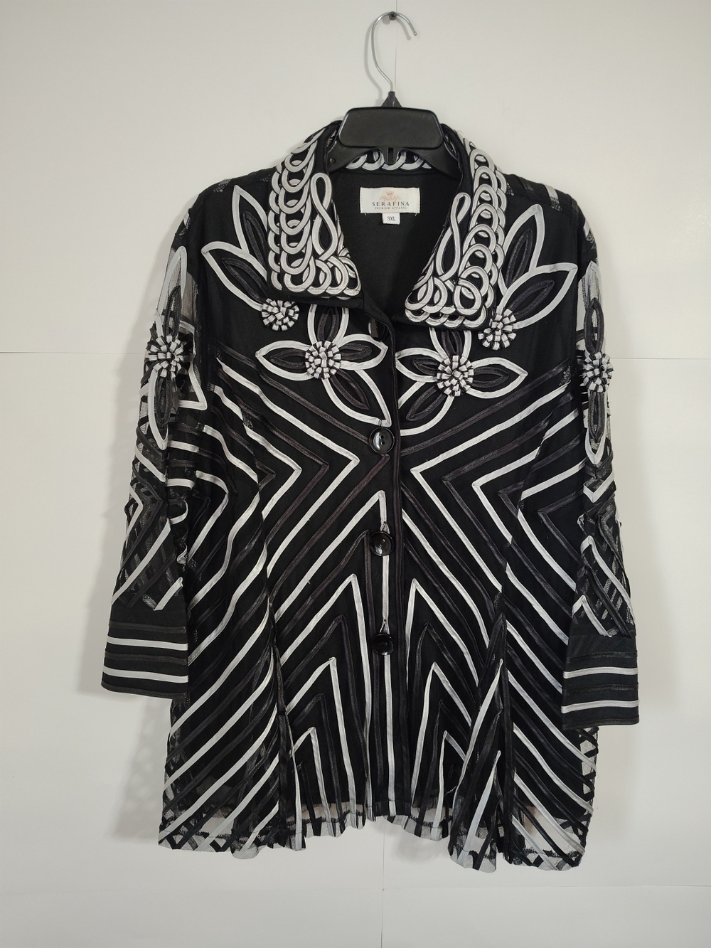 Black & White Embroidered Button-Front Womens Top And Skirt Set